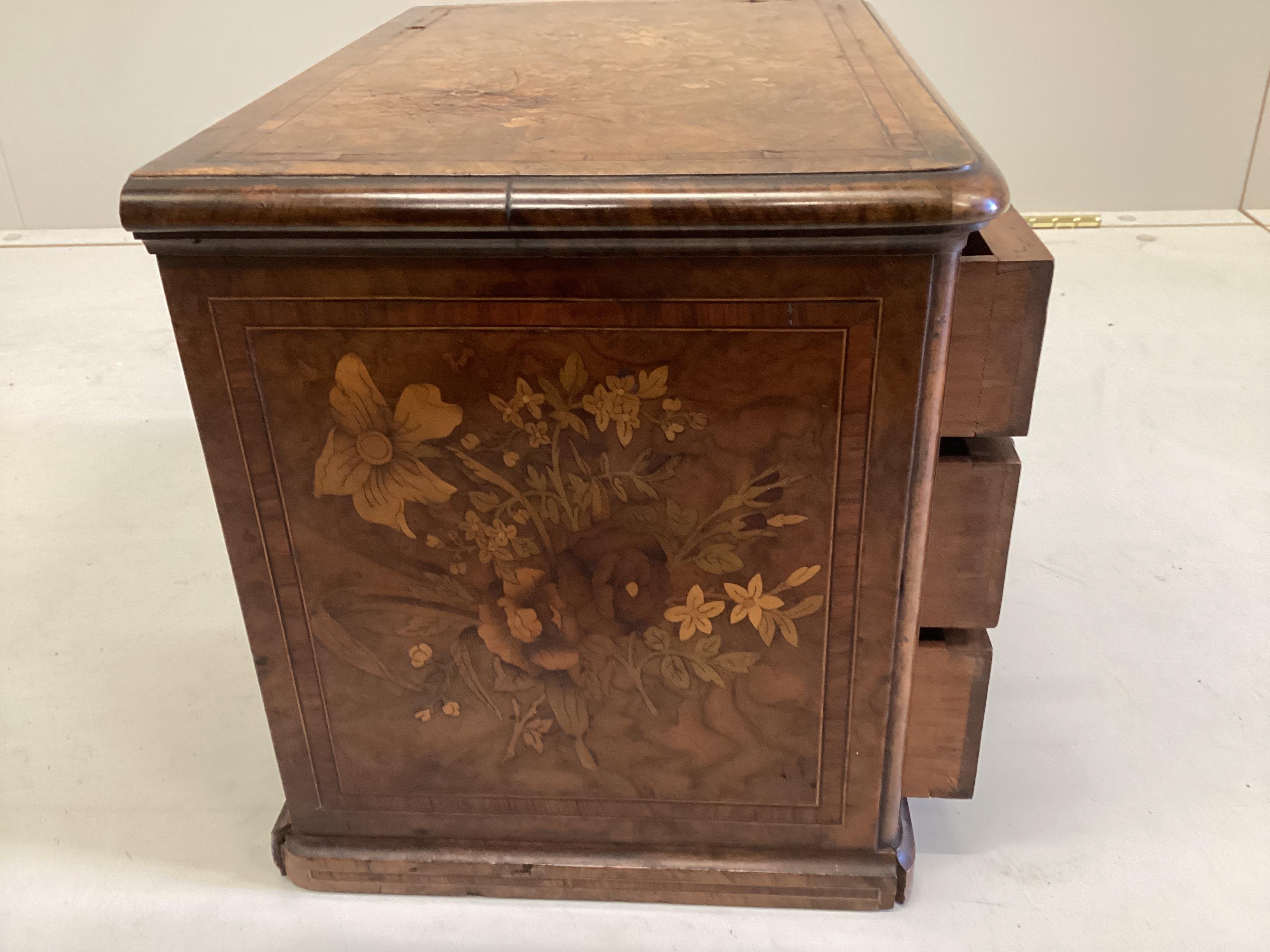 A Victorian floral marquetry inlaid miniature walnut chest, stamped 1863, B Shepherd, width 35cm, depth 24cm, height 27cm